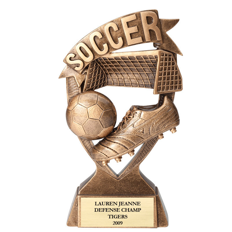 7 INCH SOCCER BANNER TROPHY ANTIQUE GOLD RESIN FINISH MATTE GOLD