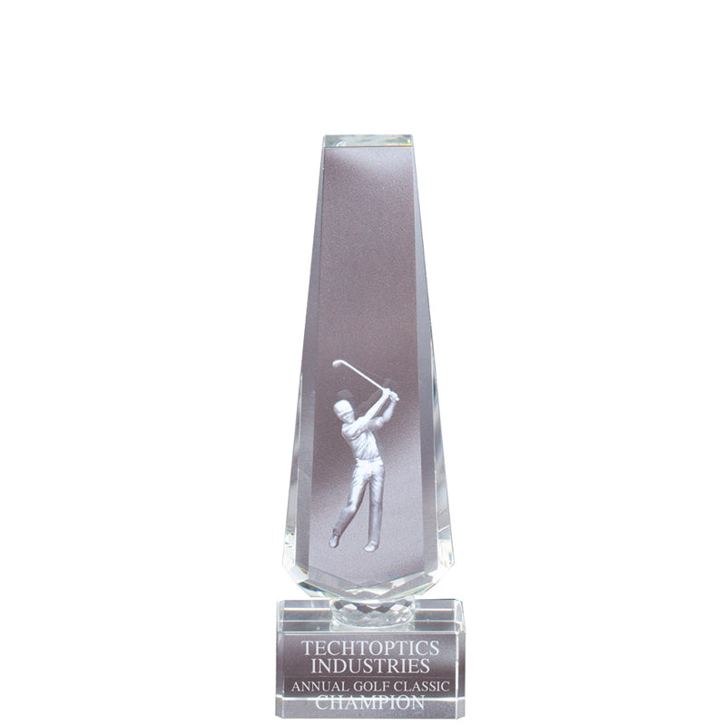 7" x 2-1/2" INCH GOLF TOWER OPTICAL CRYSTAL WITH MALE GOLFER LASER ENGRAVE