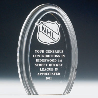 7 X 4-3/4 INCH OVAL ACRYLIC TROPHY WITH REFLECTIVE BASE