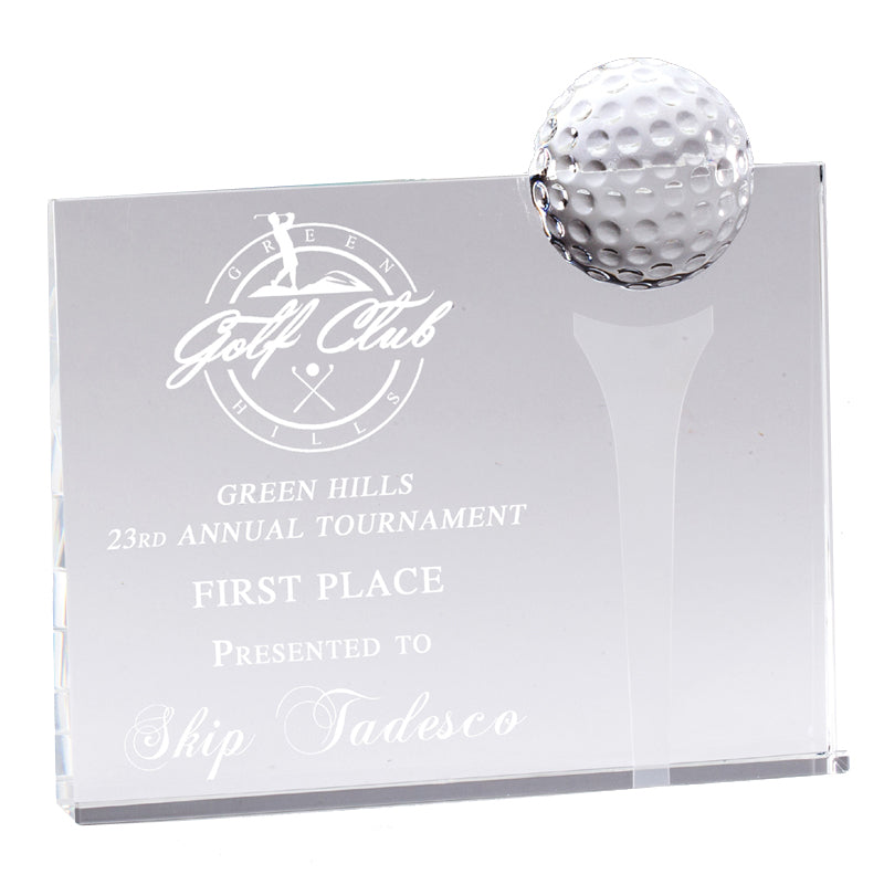 7" x 8" INCH OPTICAL CRYSTAL GOLF BALL BOARD AWARD WITH GOLF TEE