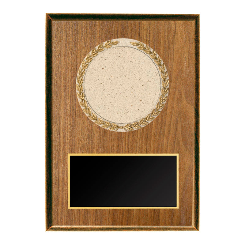 7 X 9 INCH WALNUT PLAQUE WITH CAST STONE RESIN LAUREL WREATH MOUNT