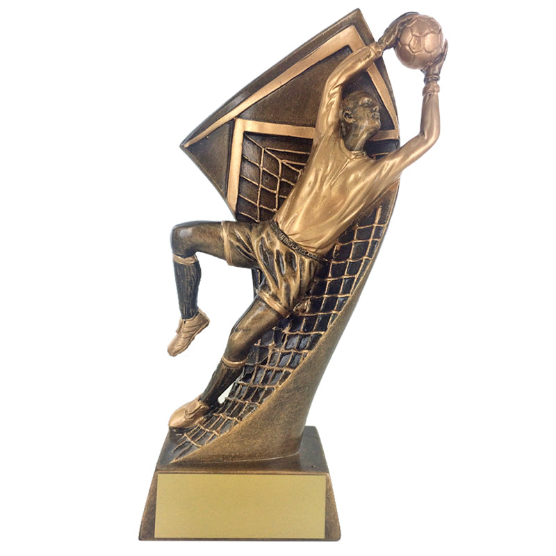 8-1/2 INCH MALE SOCCER GOALIE ANTIQUE GOLD RESIN FIGURE TROPHY