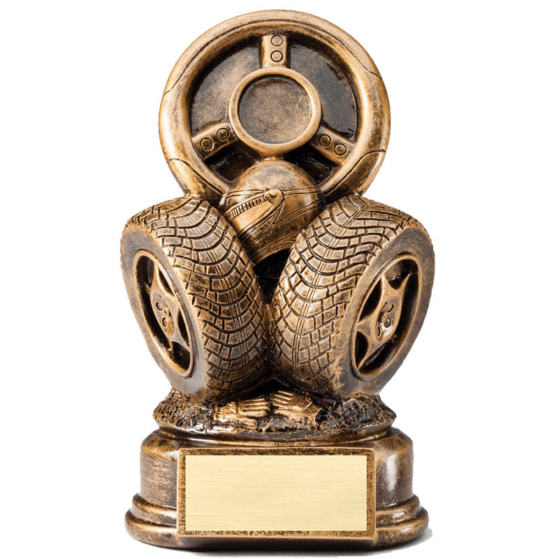 8-1/2 INCH RESIN RACING TROPHY TIRES WITH STEERING WHEEL ANTIQUE GOLD