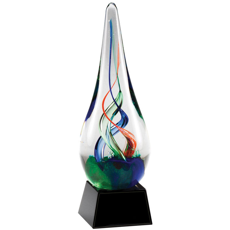 8-1/4& INCH x 2-3/4 INCH ART SCULPTURED MULTI-COLOR BLOWN GLASS TEAR DROP AWARD