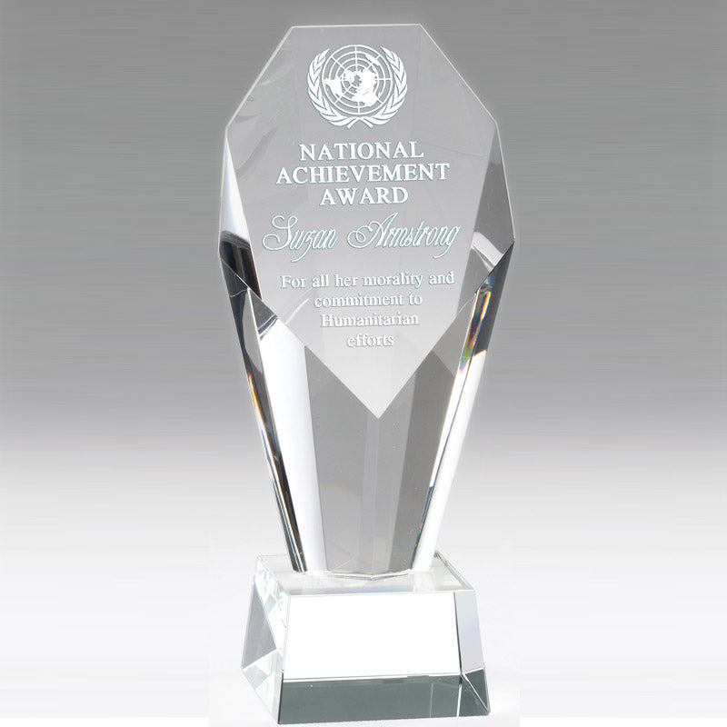 8-1/2 x 3-1/2 INCH CRYSTAL PILLAR AWARD FACETED AND BEVELED COLUMN