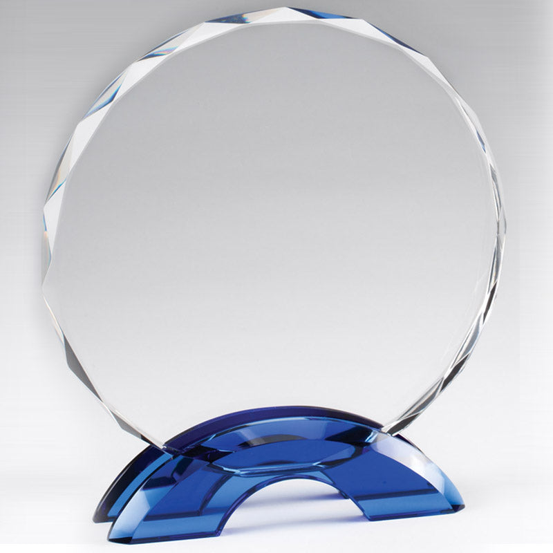 8-1/2 INCH BLUE DOUBLE ARCH W/ CUT & BEVELED EDGED CRYSTAL CIRCLE AWARD