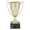 8-1/4 INCH TROPHY WITH 6-3/4 INCH GOLD CUP ON BLACK MARBLE BASE