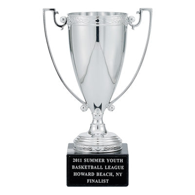 8-1/4 INCH TROPHY WITH 6-3/4 INCH SILVER CUP ON BLACK MARBLE BASE