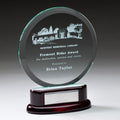 8-1/4 INCH ROUND BEVELED GLASS AWARD ON ROSEWOOD BASE W/ SILVER ENGRAVING PLATE