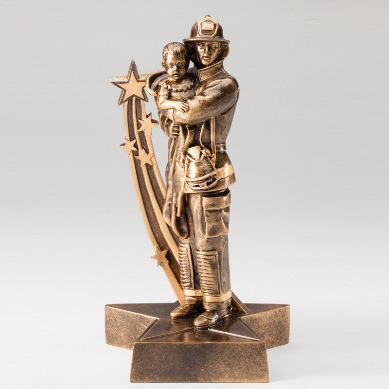 8-3/4 INCH RESIN FIREMAN WITH CHILD IN ANTIQUE GOLD FINISH