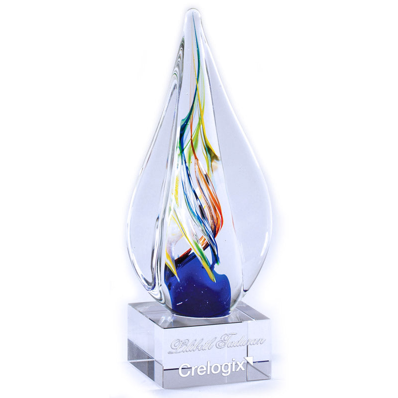 8-3/4 INCH x 3 INCH  x 1 INCH  ART MULTI-COLOR GLASS SCULPTURE AWARD HAND BLOWN TEAR SHAPE GLASS