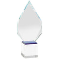 8-3/4 x 4 INCH OPTICAL CRYSTAL ARROW HEAD AWARD WITH A BLUE BOTTOM ON SQUARE CRYSTAL BASE