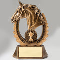 8 INCH ANTIQUE BRASS RESIN HORSE HEAD TROPHY WITH CUP EMBLEM IN BRASS FINISH