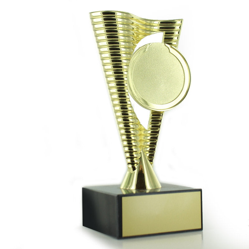 8 INCH BRIGHT DIE CAST METAL RISER TROPHY HOLDS 2 INCH MEDALLION INSERT ON BLACK MARBLE BASE