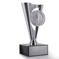 8 INCH BRIGHT DIE CAST METAL RISER TROPHY HOLDS 2 INCH MEDALLION INSERT ON BLACK MARBLE BASE