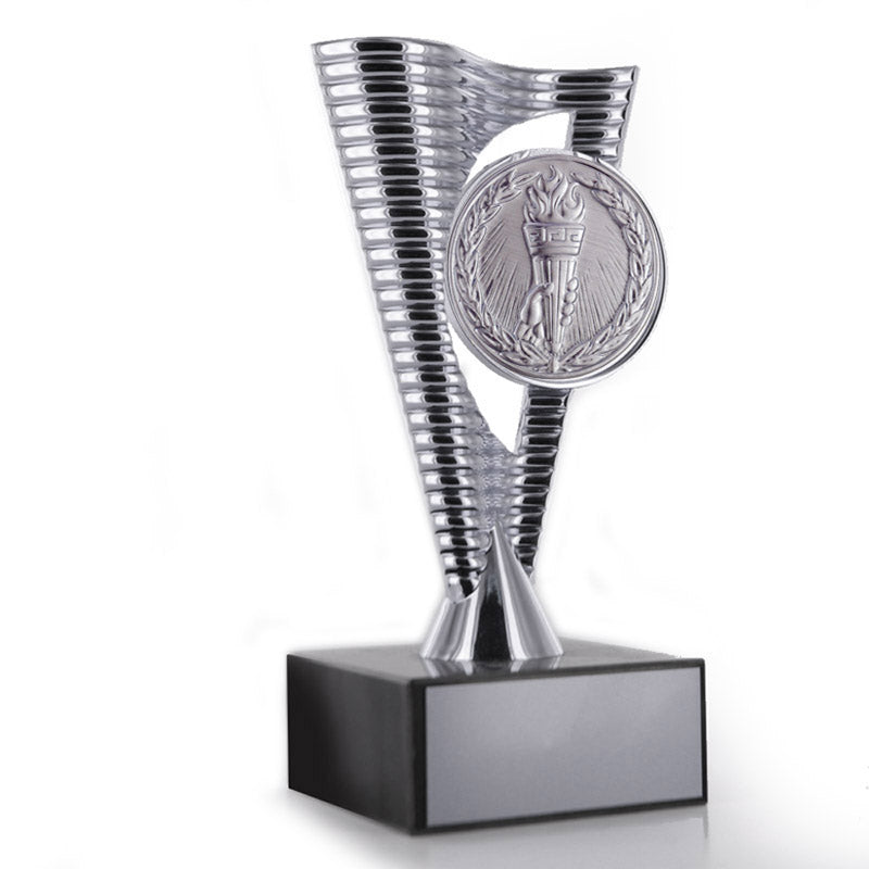 8 INCH BRIGHT DIE CAST METAL RISER TROPHY HOLDS 2 INCH MEDALLION INSERT ON BLACK MARBLE BASE