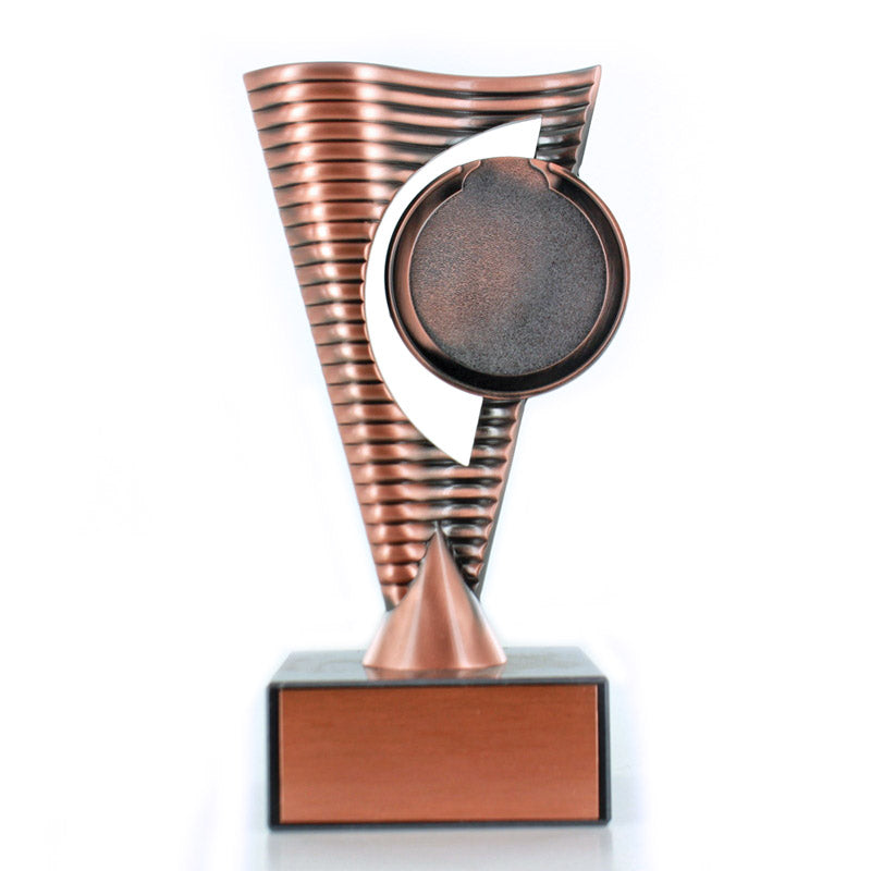 8 INCH BRIGHT DIE CAST METAL RISER TROPHY HOLDS 2 INCH MEDALLION INSERT ON BLACK MARBLE BASE