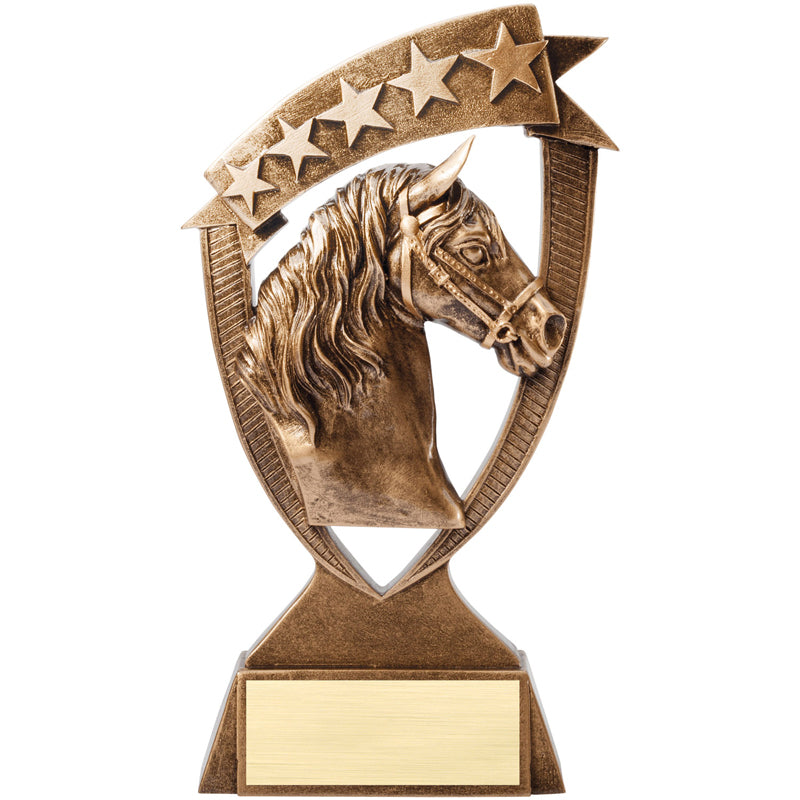 8 INCH ANTIQUE GOLD BANNER HORSE WITH STAR RESIN TROPHY