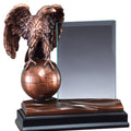 8 INCH ELECTROPLATED BRONZE EAGLE ON GLOBE WITH 4 X 6 INCH GLASS TROPHY