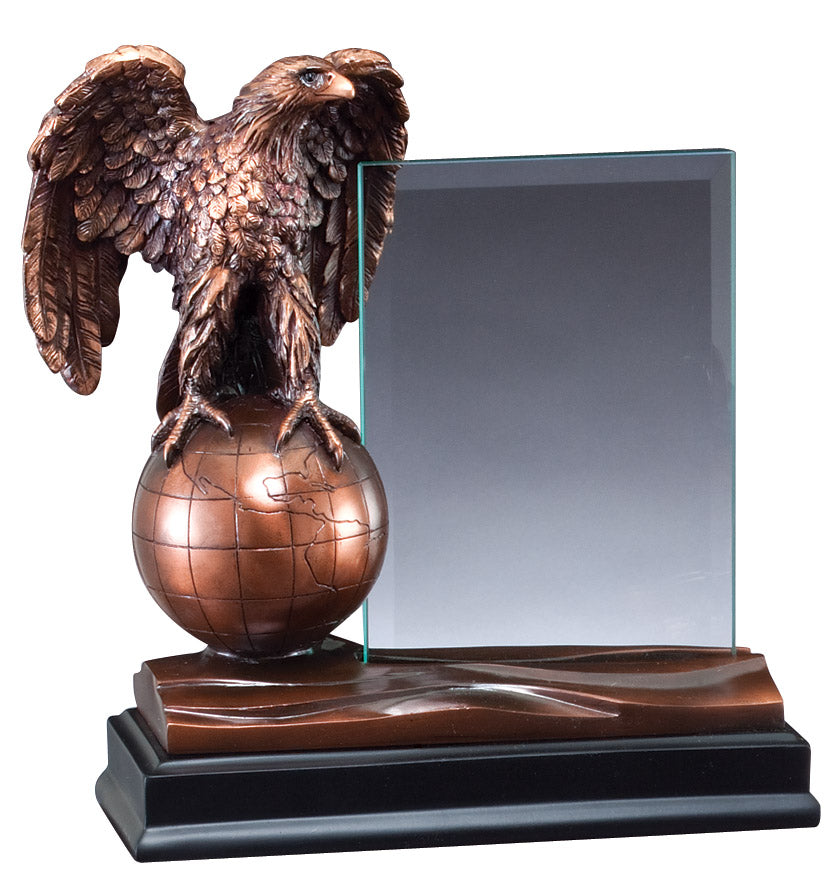 8 INCH ELECTROPLATED BRONZE EAGLE ON GLOBE WITH 4 X 6 INCH GLASS TROPHY