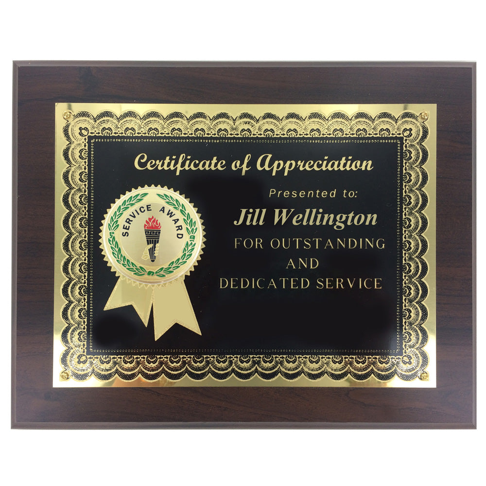 8 INCH X 10 INCH CERTICATE OF APPRECIATION PLAQUE YEARS OF SERVICE WITH 2 INCH ETCHED ENAMEL INSERT