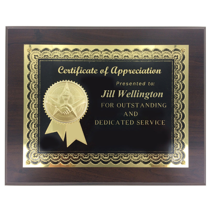 8 INCH x 10 INCH CERTIFICATE OF APPRECIATION PLAQUE SPECIAL THANKS WITH 2 INCH ETCHED ENAMEL INSERT