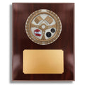 8 X 10 INCH DARK CHERRY WALNUT FINISH PLAQUE HOLDS 4" AUTO RACING STONE CAST EMBLEM
