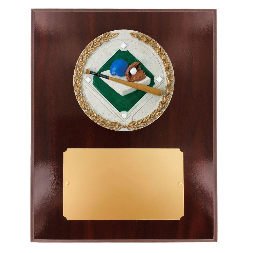 8 X 10 INCH DARK CHERRY WALNUT FINISH PLAQUE HOLDS 4 INCH BASEBALL STONE CAST EMBLEM