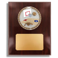 8 X 10 INCH DARK CHERRY WALNUT FINISH PLAQUE HOLDS 4 INCH BASKETBALL STONE CAST EMBLEM