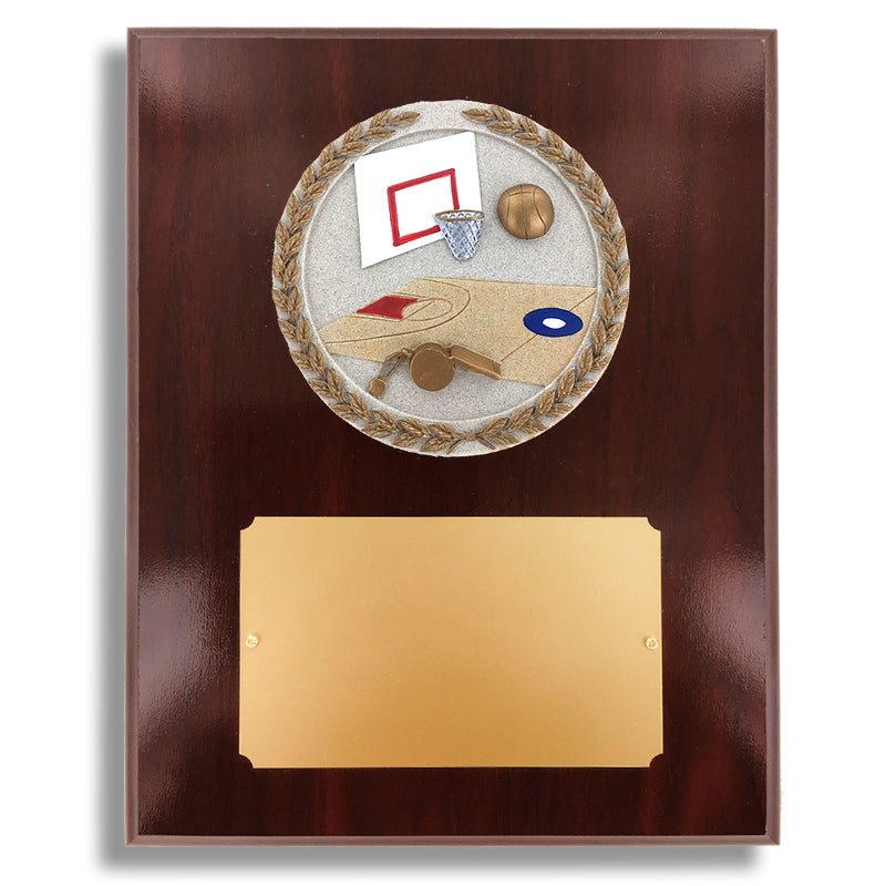 8 X 10 INCH DARK CHERRY WALNUT FINISH PLAQUE HOLDS 4 INCH BASKETBALL STONE CAST EMBLEM