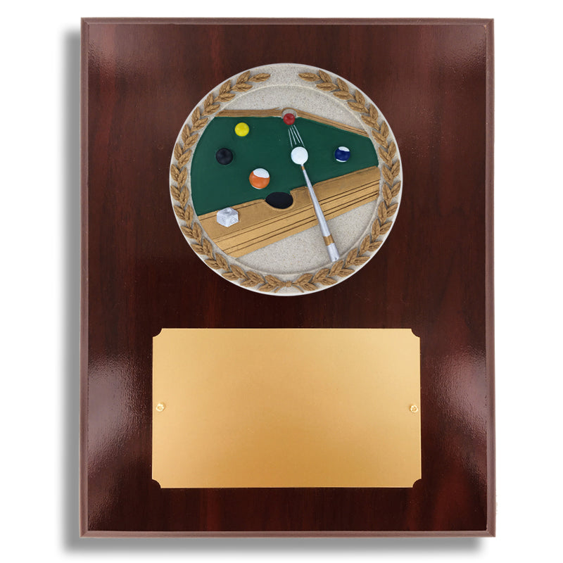 8 X 10" DARK CHERRY WALNUT FINISH PLAQUE HOLDS 4" BILLIARDS STONE CAST EMBLEM