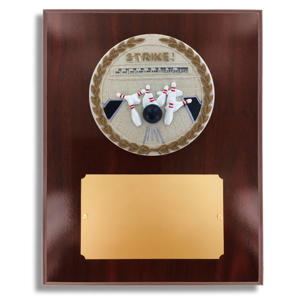 8 X 10 INCH DARK CHERRY WALNUT FINISH PLAQUE HOLDS 4 INCH BOWLING STONE CAST EMBLEM