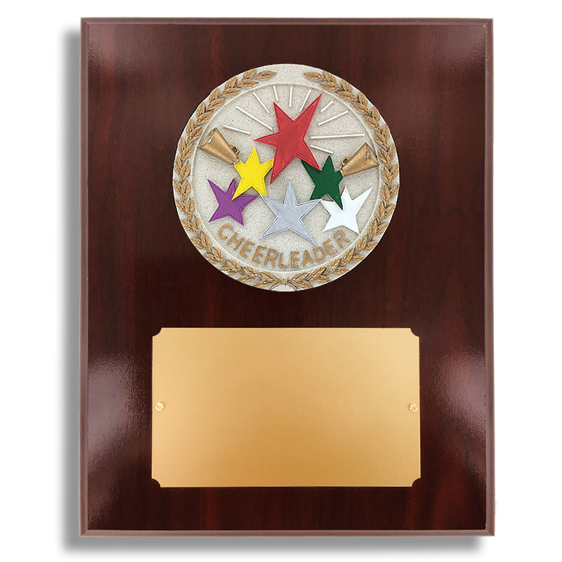 8 X 10 INCH DARK CHERRY WALNUT FINISH PLAQUE HOLDS 4" CHEERLEADER STONE CAST EMBLEM
