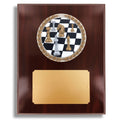 8 X 10 INCH DARK CHERRY WALNUT FINISH PLAQUE HOLDS 4 INCH CHESS STONE CAST EMBLEM