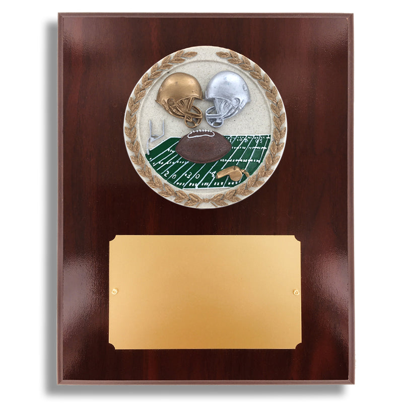 8 X 10 INCH DARK CHERRY WALNUT FINISH PLAQUE HOLDS 4 INCH FOOTBALL STONE CAST EMBLEM