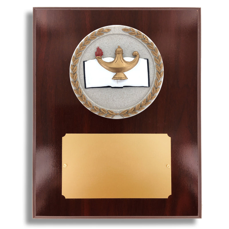 8 X 10 INCH DARK CHERRY WALNUT FINISH PLAQUE HOLDS 4" LAMP OF LEARNING STONE CAST EMBLEM