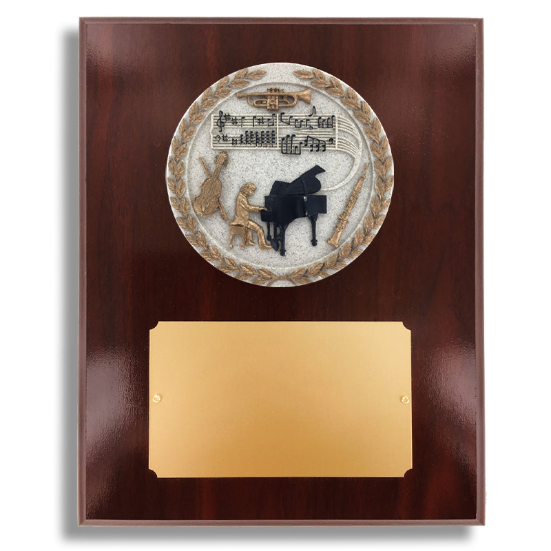 8 X 10 INCH DARK CHERRY WALNUT FINISH PLAQUE HOLDS 4" MUSIC PIANO STONE CAST EMBLEM