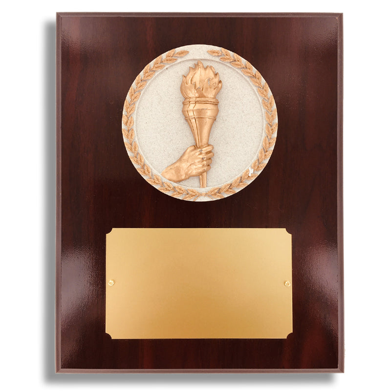 8 X 10 INCH DARK CHERRY WALNUT FINISH PLAQUE HOLDS 4 INCH TORCH STONE CAST EMBLEM