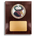 8 X 10 INCH DARK CHERRY WALNUT FINISH PLAQUE HOLDS 4 INCH TRACK STONE CAST EMBLEM