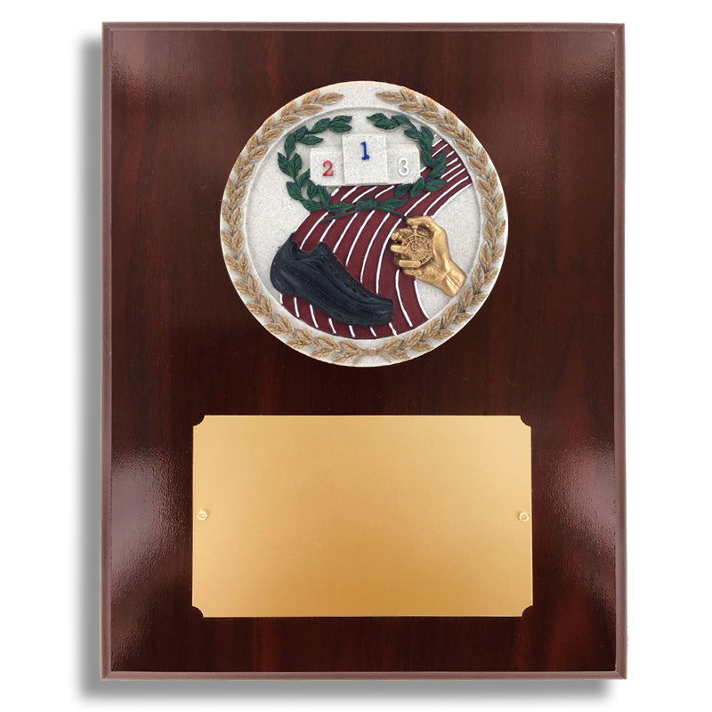 8 X 10 INCH DARK CHERRY WALNUT FINISH PLAQUE HOLDS 4 INCH TRACK STONE CAST EMBLEM