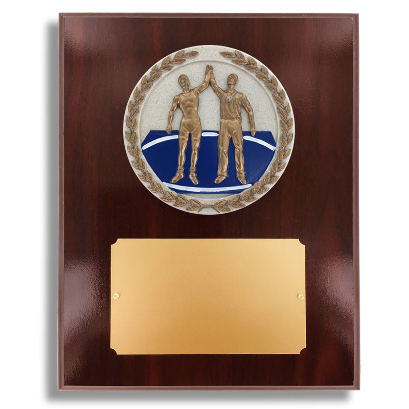 8 X 10 INCH DARK CHERRY WALNUT FINISH PLAQUE HOLDS 4 INCH WRESTLING STONE CAST EMBLEM