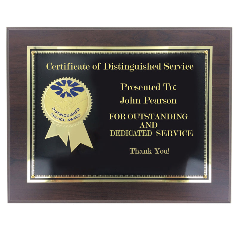 8 INCH x 10 INCH DISTINGUISHED SERVICE AWARD PLAQUE 2 INCH ETCHED BRASS INSERT SERVICE IS OUR PASSION