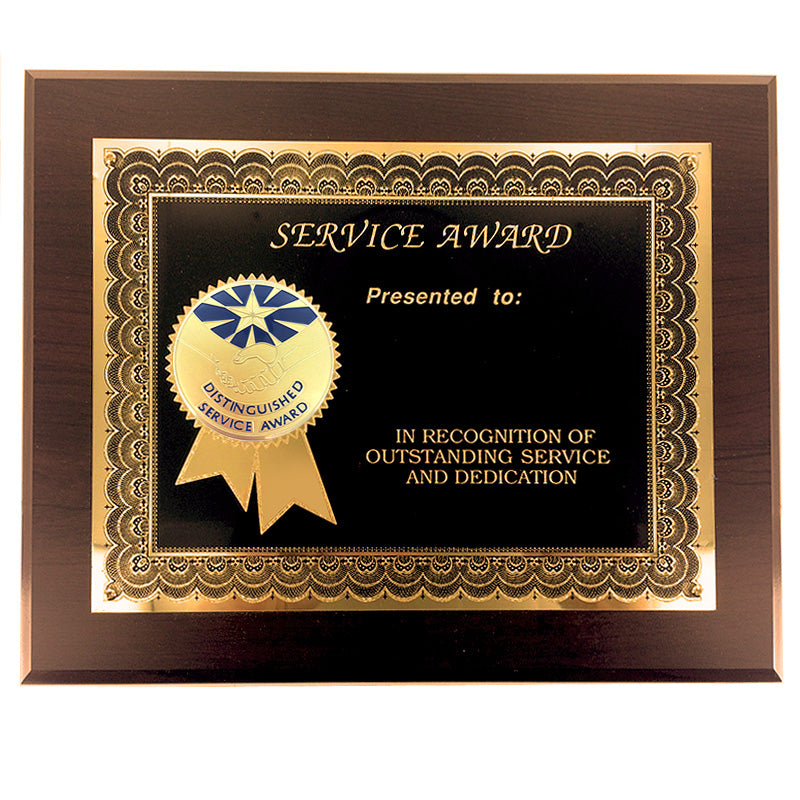 8 X 10 INCH DISTINGUISHED SERVICE AWARD PLAQUE WITH 2 INCH ETCHED ENAMEL BRASS MEDALLION