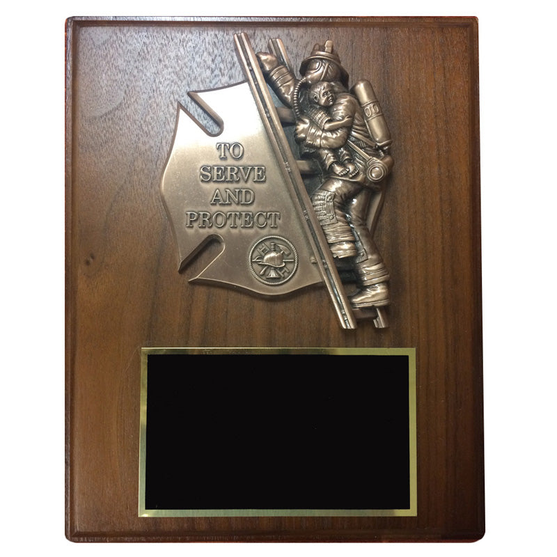8 X 10 FIREFIGHTER WITH CHILD WALNUT VENEER PLAQUE