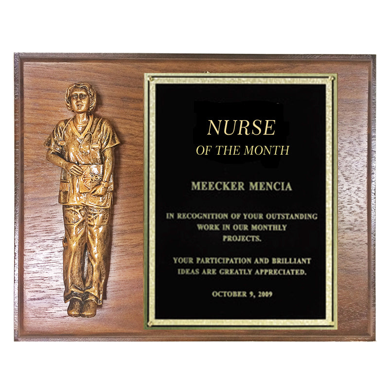 8 X 10 INCH GENUINE WALNUT FINISHED NURSE PLAQUE WITH BLACK SCREENED BRASS PLATE