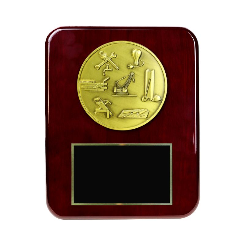 8 X 10 INCH CONSTRUCTION PLAQUE WITH ROSEWOOD PIANO FINISH AND 4-1/2 INCH ANTIQUE BRASS MEDALLION