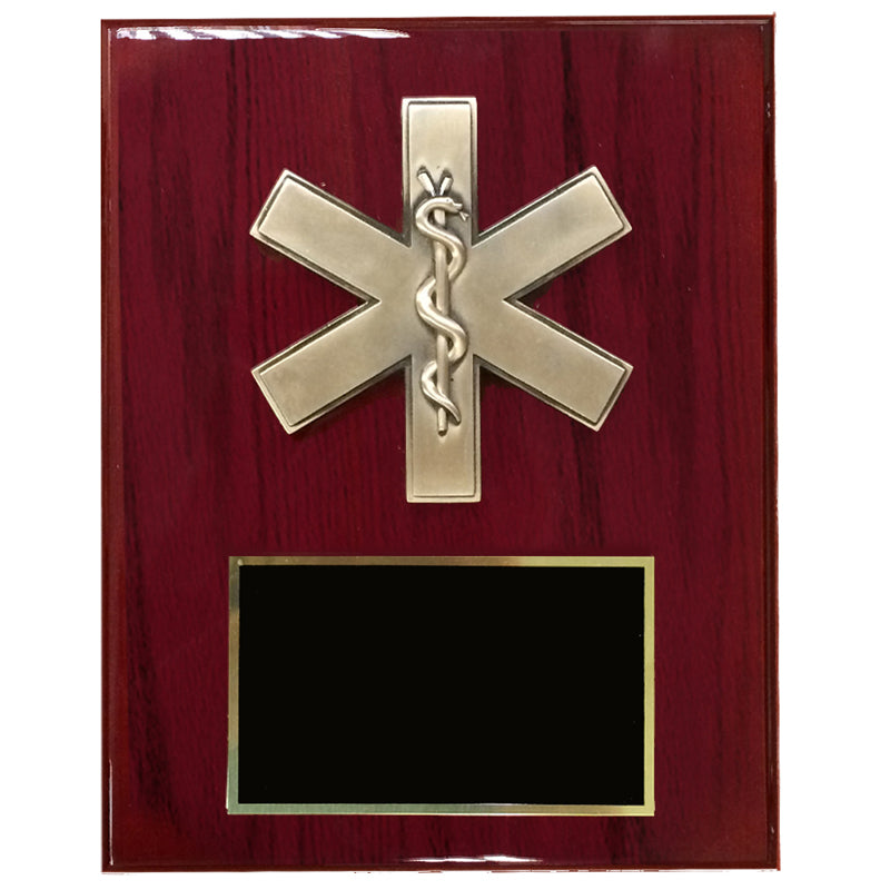 8 X 10 INCH EMT\PARAMEDIC STAR OF LIFE PLAQUE ON PIANO FINISH CHERRY BOARD