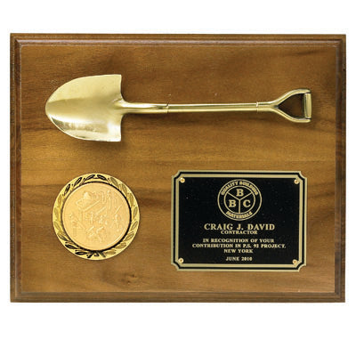 8 X 10 INCH PLAQUE WALNUT FINISH WITH METAL SHOVEL, HOLDS 2 INCH INSERT