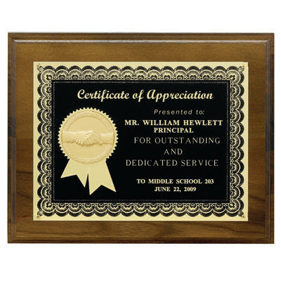 8 X 10 INCH PLAQUE WITH BLACK SCREENED PLATE, 2 INCH MEDALLION INSERT
