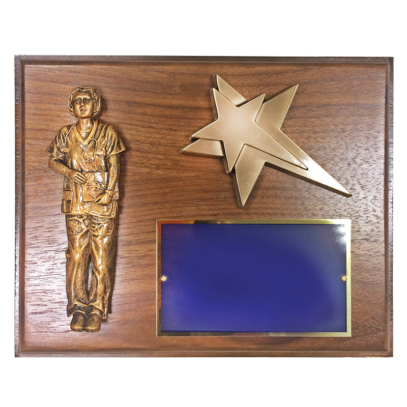 8 X 10 INCH WALNUT FINISHED NURSE PLAQUE WITH STAR AND BLUE SCREENED BRASS PLATE